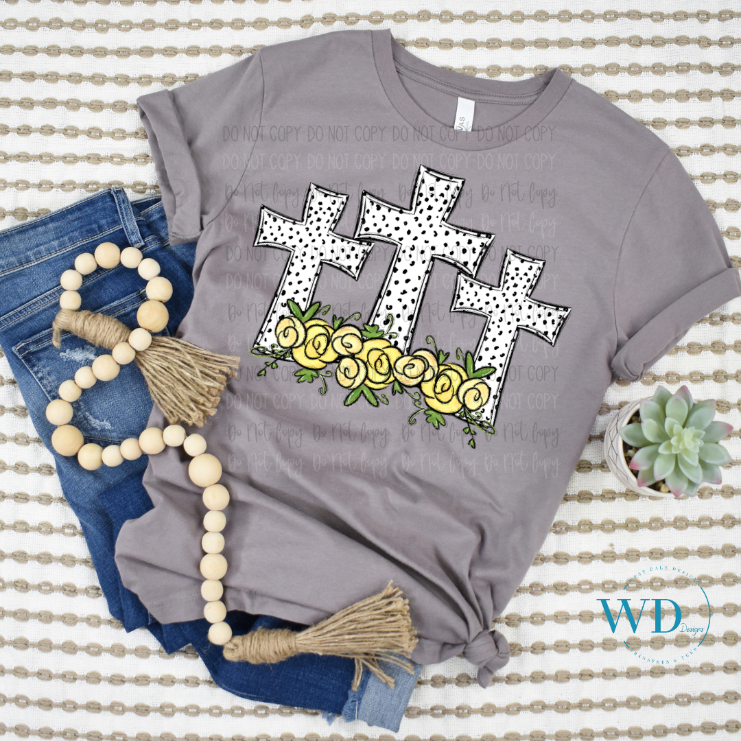 Three Crosses Yellow Roses DTF Transfer West Dale Designs