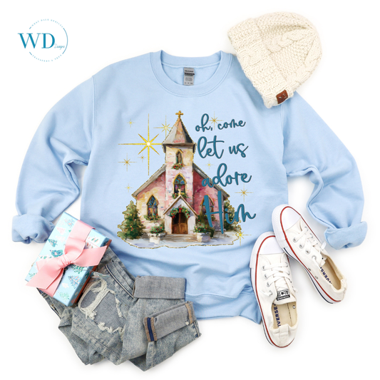 Oh Come Let Us Adore Him Painted Church Graphic Tee