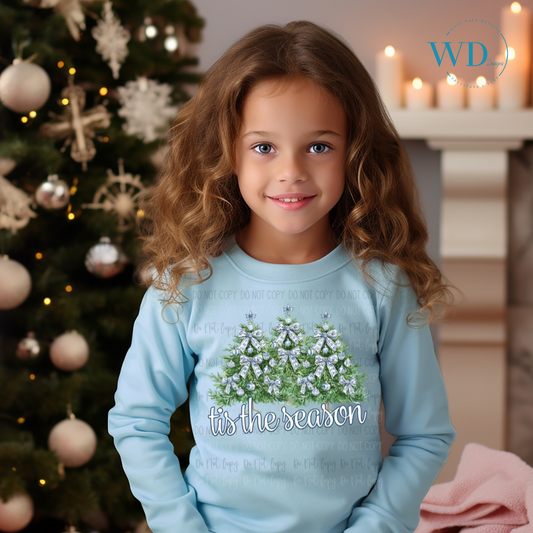 Tis The Season Blue Bow Trees DTF Transfer BIA 2024