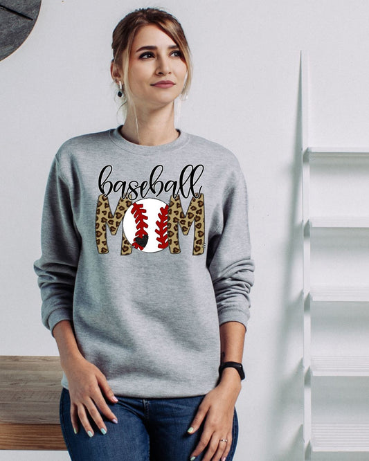 Baseball Mom Leopard Graphic Sweatshirt | Game Day Spirit Wear | Trendy Sports Mom Crewneck